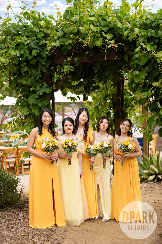 Bridal party portraits in sunflower field at Gold Coast Farms by top OC photographer D. Park Studios