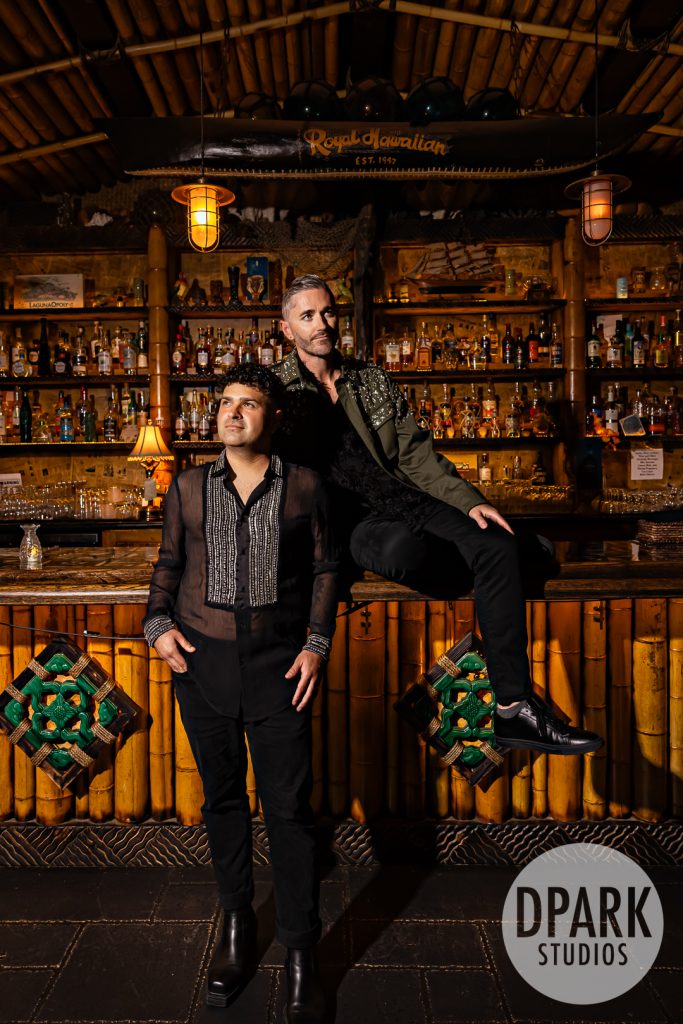 Anthony and Brett tiki inspired fashion editorial engagement at the Royal Hawaiian in Laguna Beach