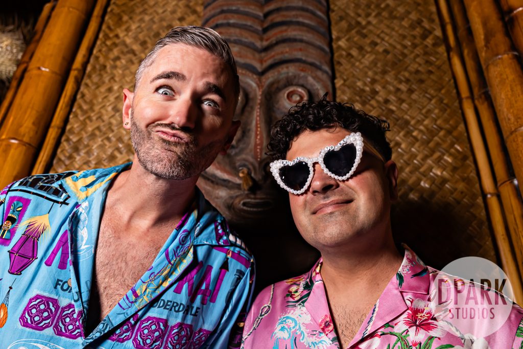 Anthony and Brett during their colorful tiki room and bar inspired esession at the Royal Hawaiian in Laguna Beach