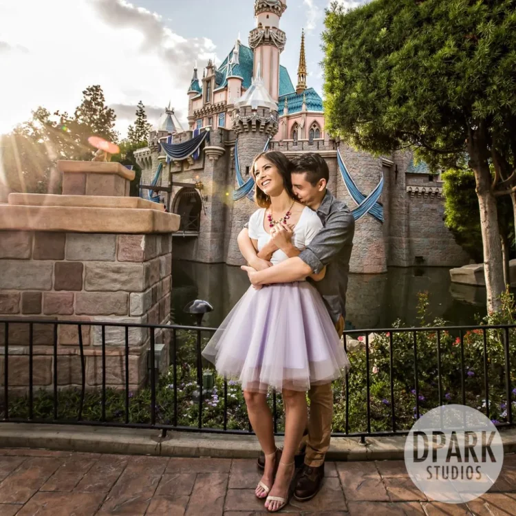 Disneyland Sleeping Beauty Castle bride groom adorable modern engagement romantic photo