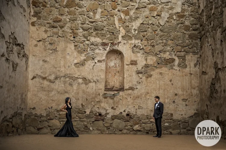 Mission San Juan Capistrano Indian bride and groom romantic classic vogue editorial engagement pose and photo